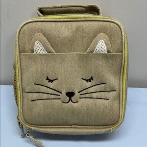 Emily & Merrit Pottery Barn Kids Gold Canvas Kitty Lunchbox 8.5 x 3.5 x 9 Damage